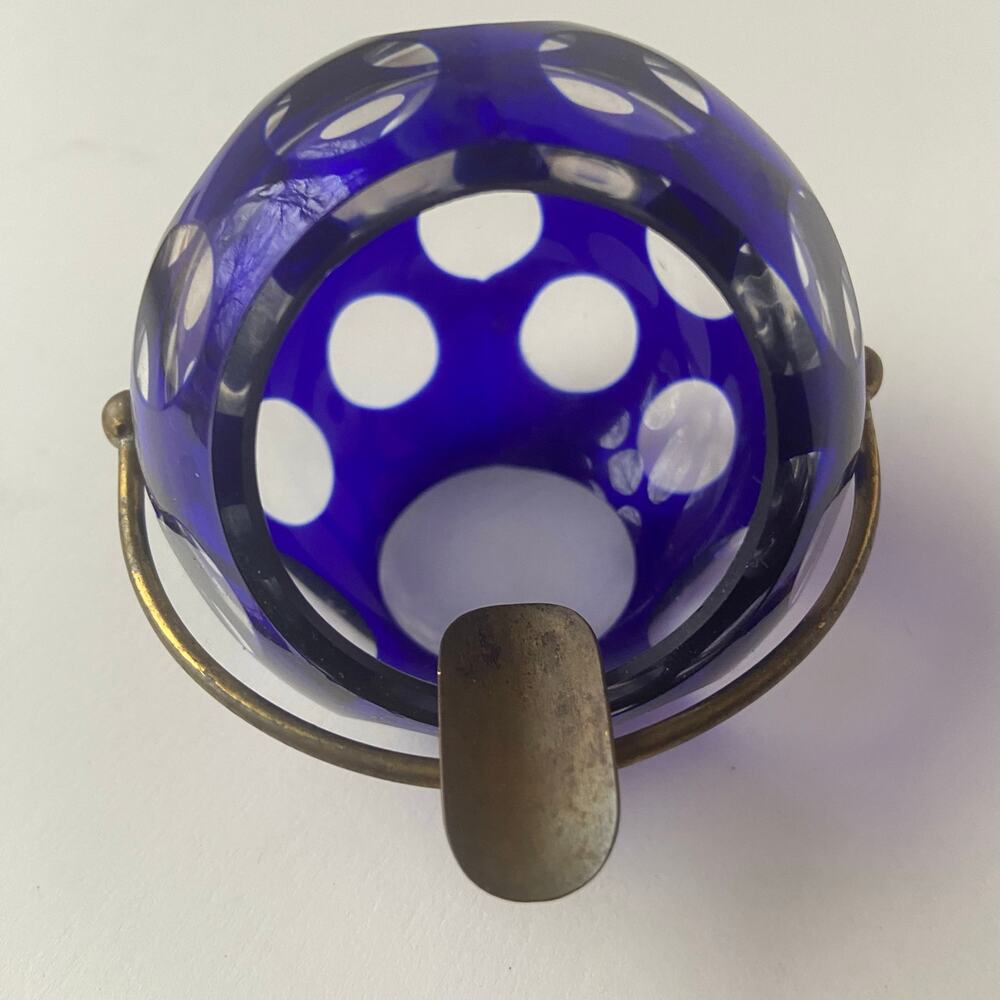 Marita Voigt For Harzkristall Ashtray Blue Art Glass & Brass Space Age MCM 1970